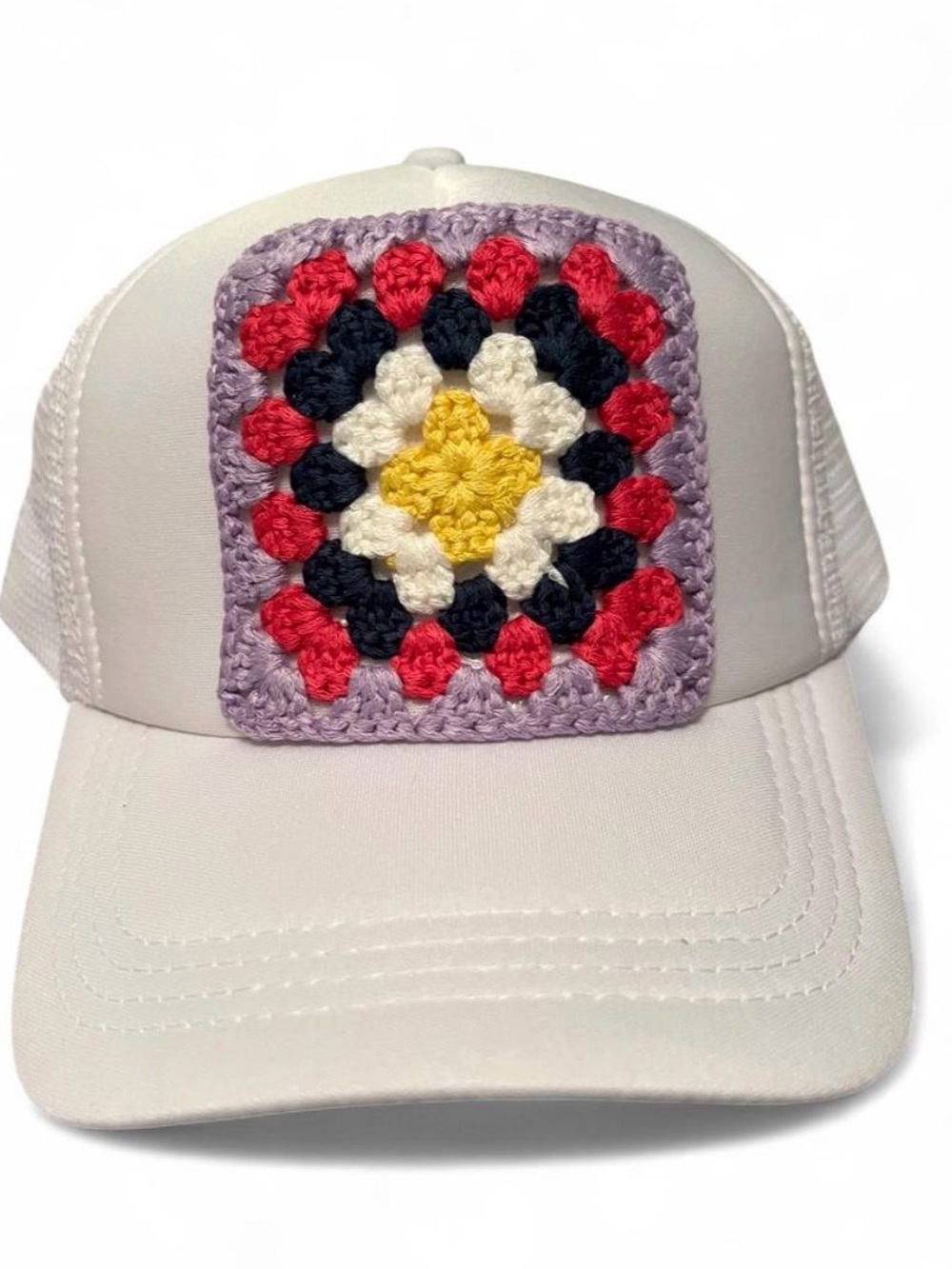 White Trucker Hat with Crochet Granny Square Patch